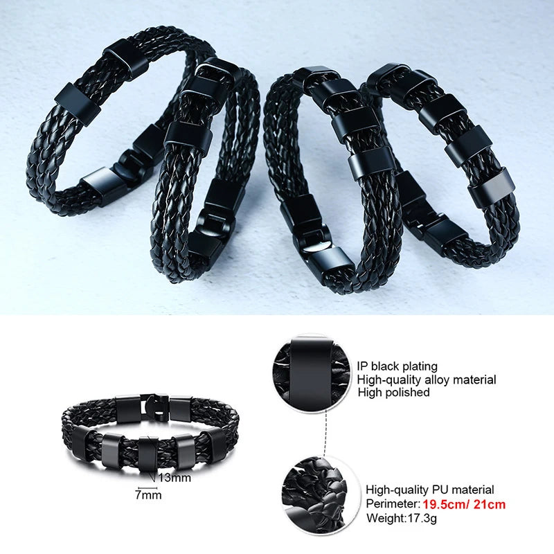 Layered Braided Leather with Stainless Steel Charms