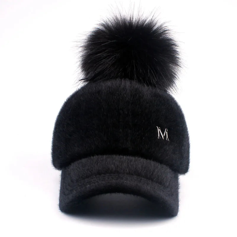 Fashionable Faux Fur Snapback with Pompom Ball