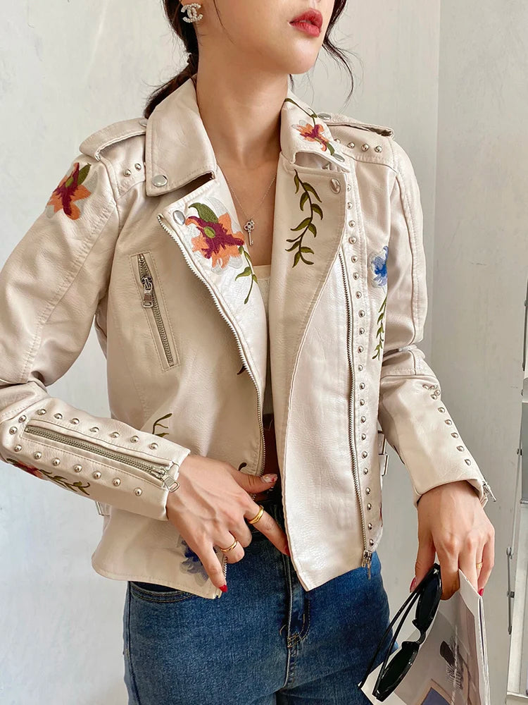 Embroidered PU Leather Jacket