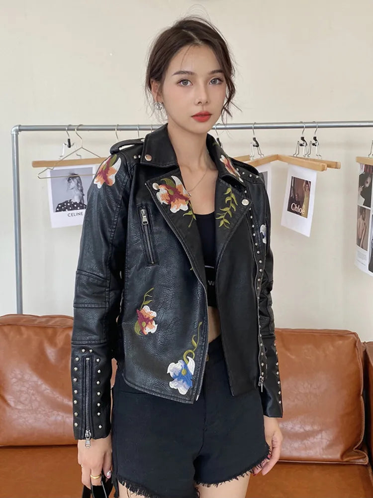 Embroidered PU Leather Jacket