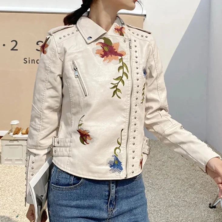 Embroidered PU Leather Jacket