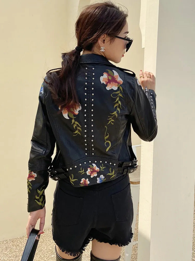 Embroidered PU Leather Jacket